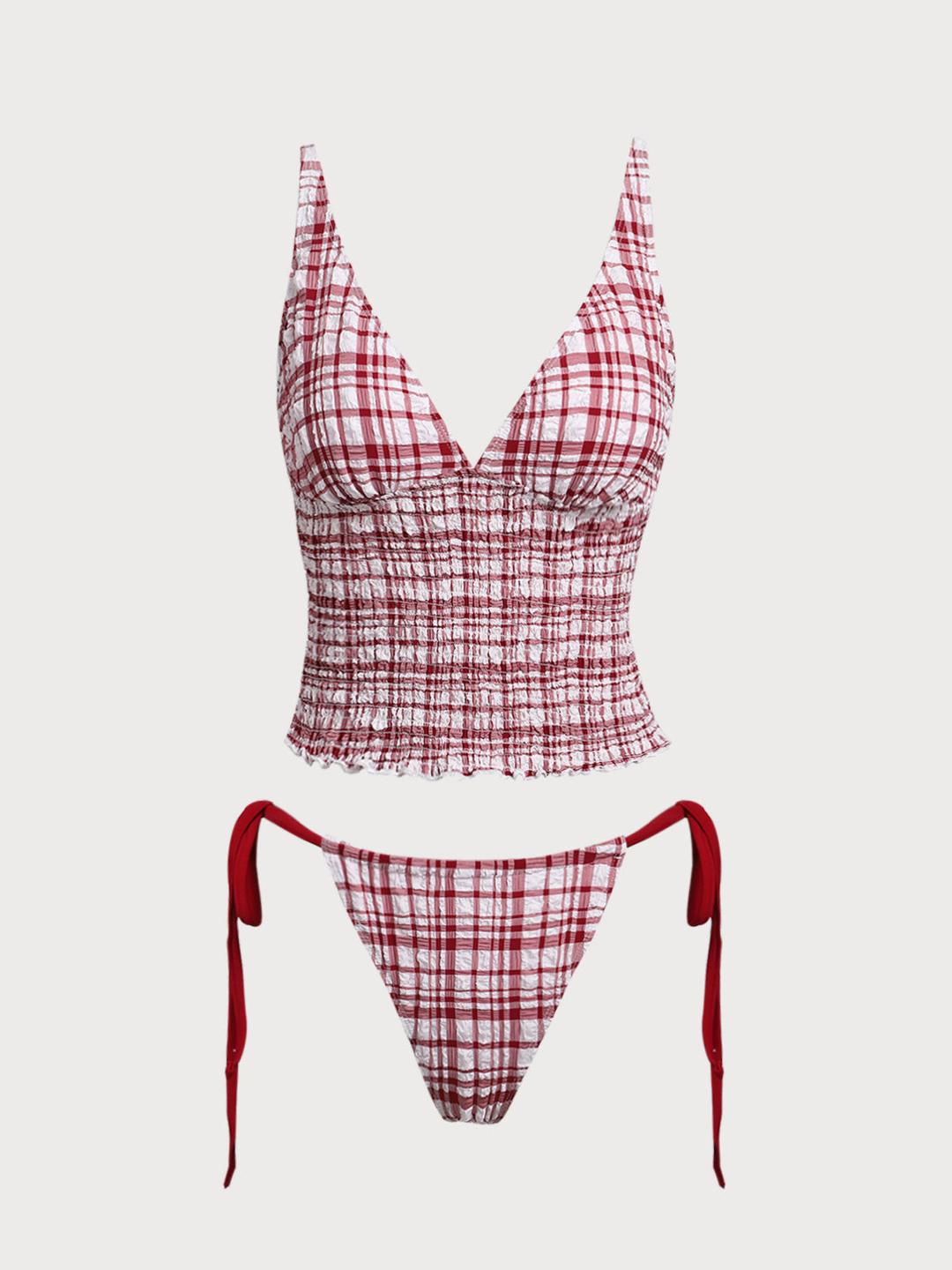 Red Plaid Ruched Tankini Swimsuit