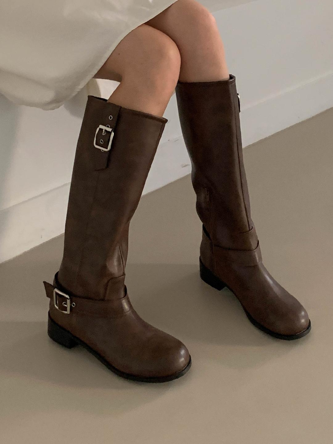 민샵 [롱부츠 1위✨하객룩] 로베 웨스턴 투 벨트 스트랩 롱부츠 (3cm)