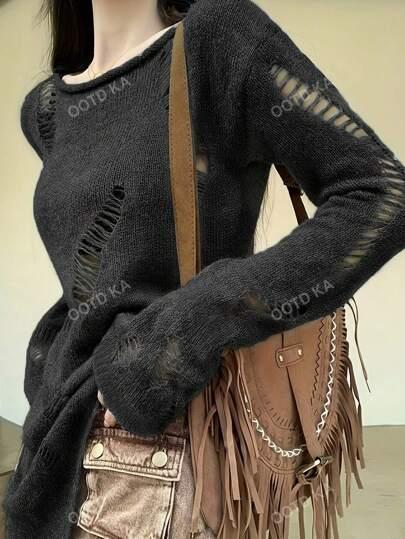 2023 Autumn/Winter Women's Y2K Hollow Out Distressed Solid Color Crew Neck Long Sleeve Casual Sweater