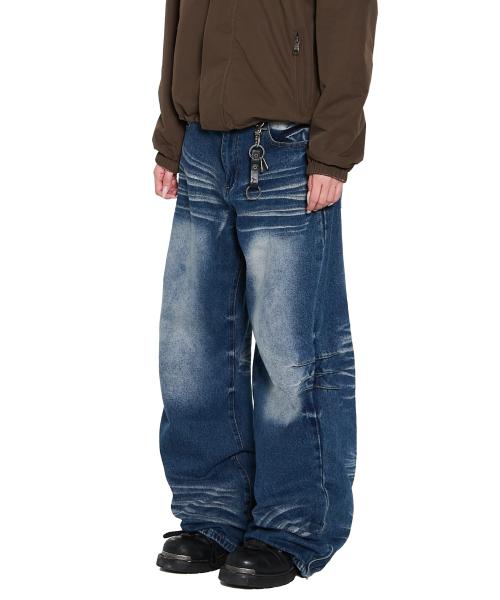 Washed Zipper Slit Denim Pants (Blue)