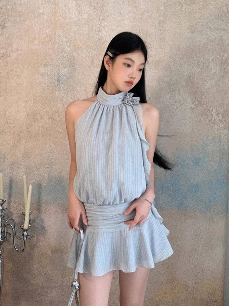 Striped Halter Neck Frill Sleeveless Dress