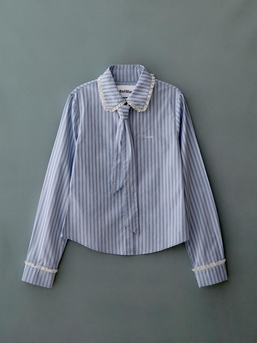 Stripe Lace Tie Shirt Blue