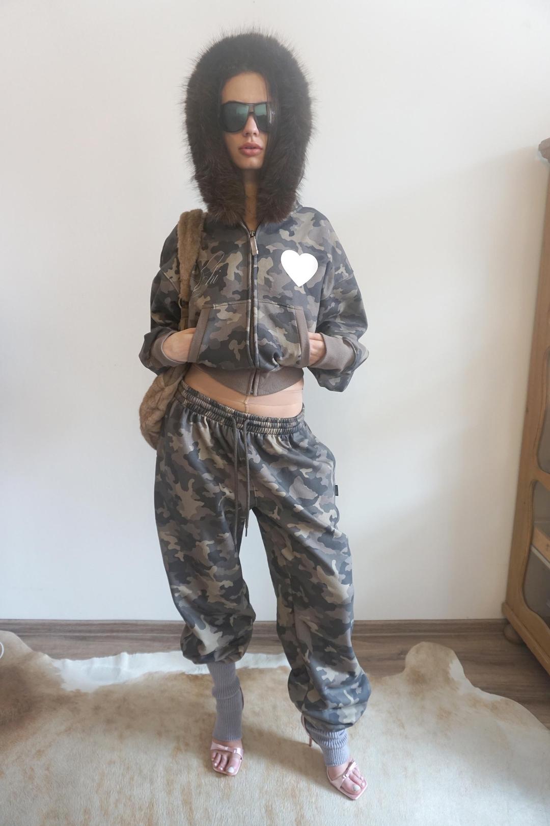Faux Fur Trimming Hooded Zip-Up Forest Camo