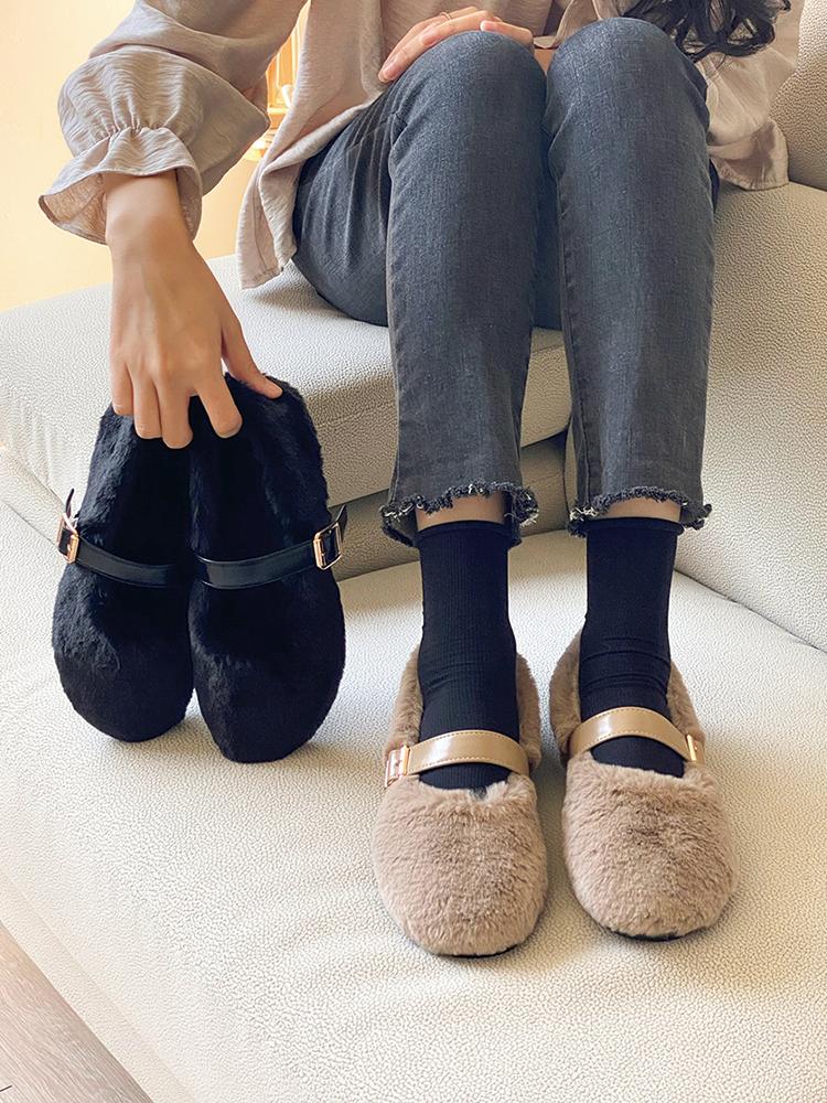 노스 퍼 안감 쿠션 메리제인 스트랩 몰드 플랫