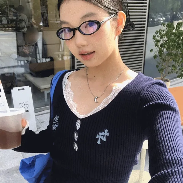 네이비 레이스 레이어드 골지 긴팔 티