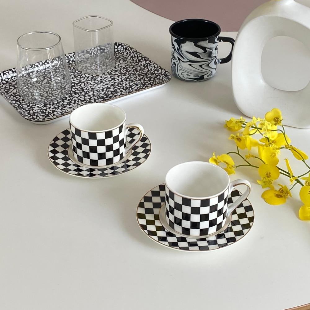 플리즈제이 체커보드 커피잔 홈카페컵 데일리 인스타감성