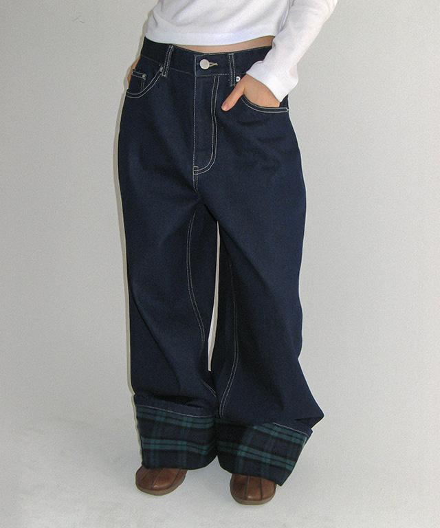 PATCH ROLL UP DENIM PANTS GREEN CHECK