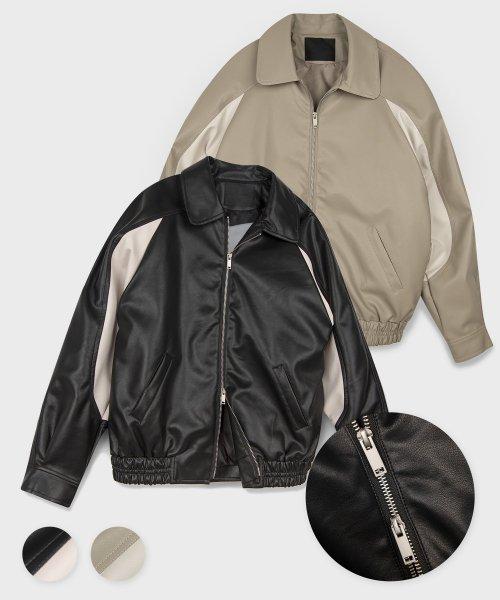 비건 레더 배색 바시티 오버핏 블루종 자켓 점퍼_2COLOR