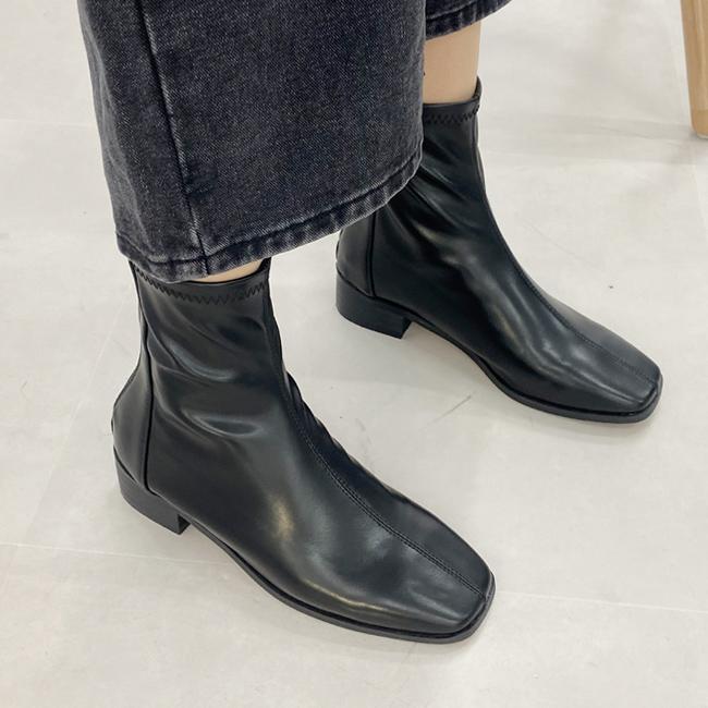 소프트 가죽 뒷지퍼 각코 스판 삭스 앵클부츠 (3.5cm)