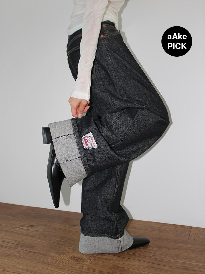 (NON-FADE) LABEL POINT ROLL-UP DENIM (dark blue!)