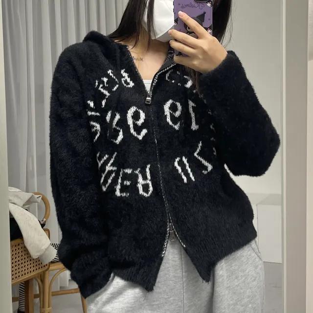 레터링 앙고라 후드 니트 투웨이 집업