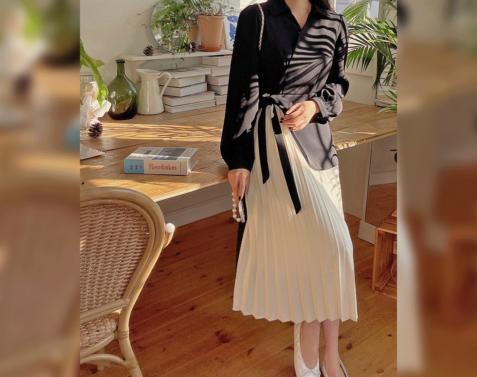 [무료배송] 츠리티 플리츠 배색 언발 리본 롱 원피스