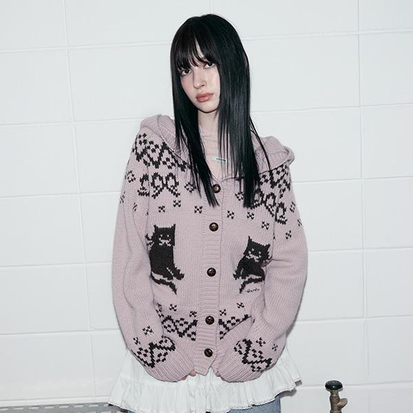 로라로라 CAT JACQUARD HOODIE CARDIGAN PINK