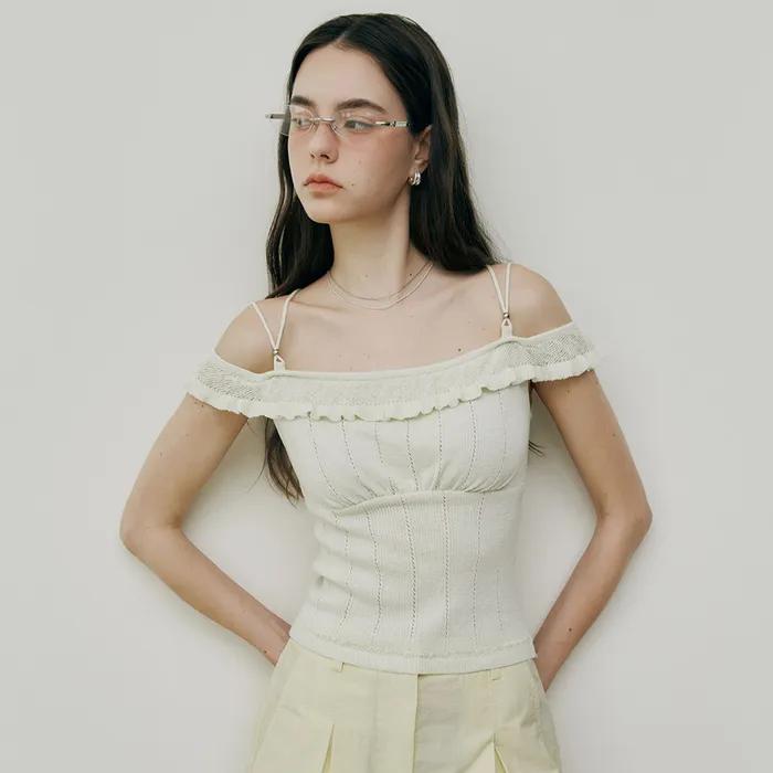 Off-shoulder Ruffled Strap Knit Top VK5MP194_2color