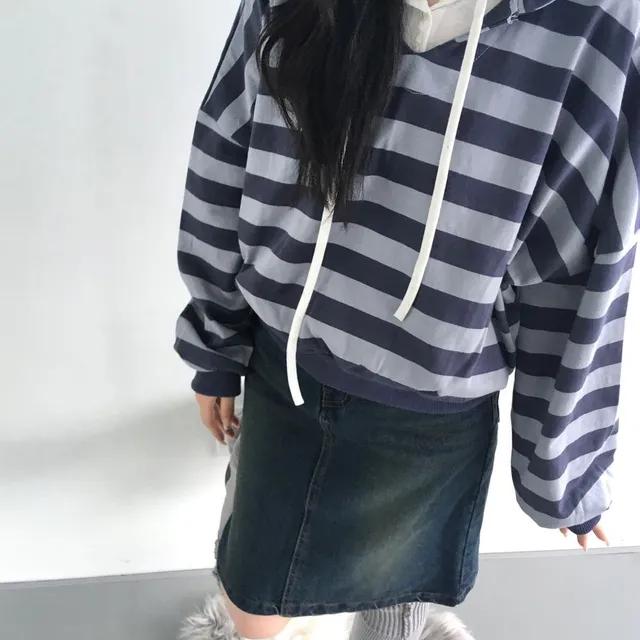 remi stripe semi crop hood mtm 레미 단가라 세미크롭 후드 맨투맨