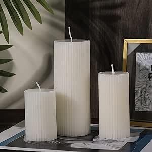 Mtlee 3 Pcs Ribbed Pillar Candles Heights 3 Inch, 4 Inch, 6 Inch Pillar Soy Wax Scented Wedding Candle Freesia Scented Candles Home Decor for Wedding Bedroom Birthday Valentine's Day (White)