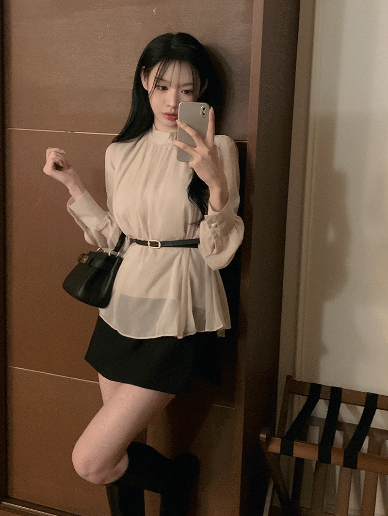 [벨트SET/하객룩] 듀엘 홀터 셔링 긴팔 블라우스