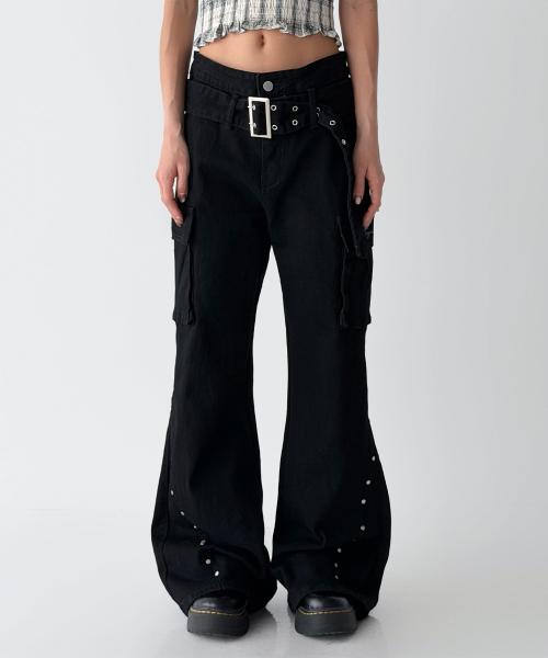 스터드 벨트 부츠컷 카고 팬츠 [블랙]