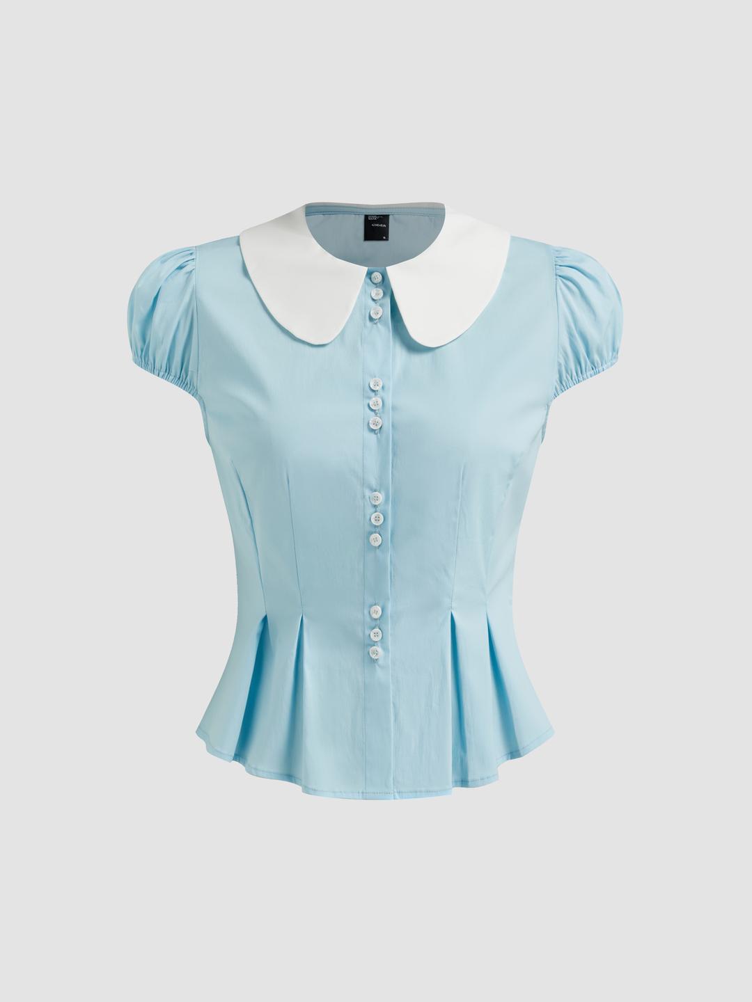Cotton-blend Peter Pan Collar Pleated Blouse