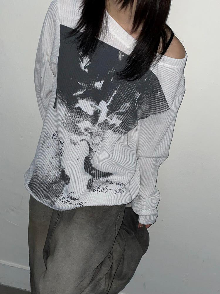 릴 골지 긴팔 티셔츠 (2color) 라운드 프린팅 니트티