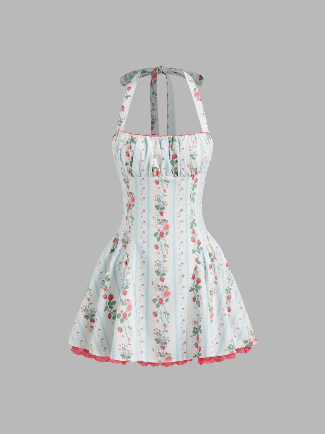 Linen-blend Halter Neckline Strawberry Floral Lace Up Ruffle Mini Dress