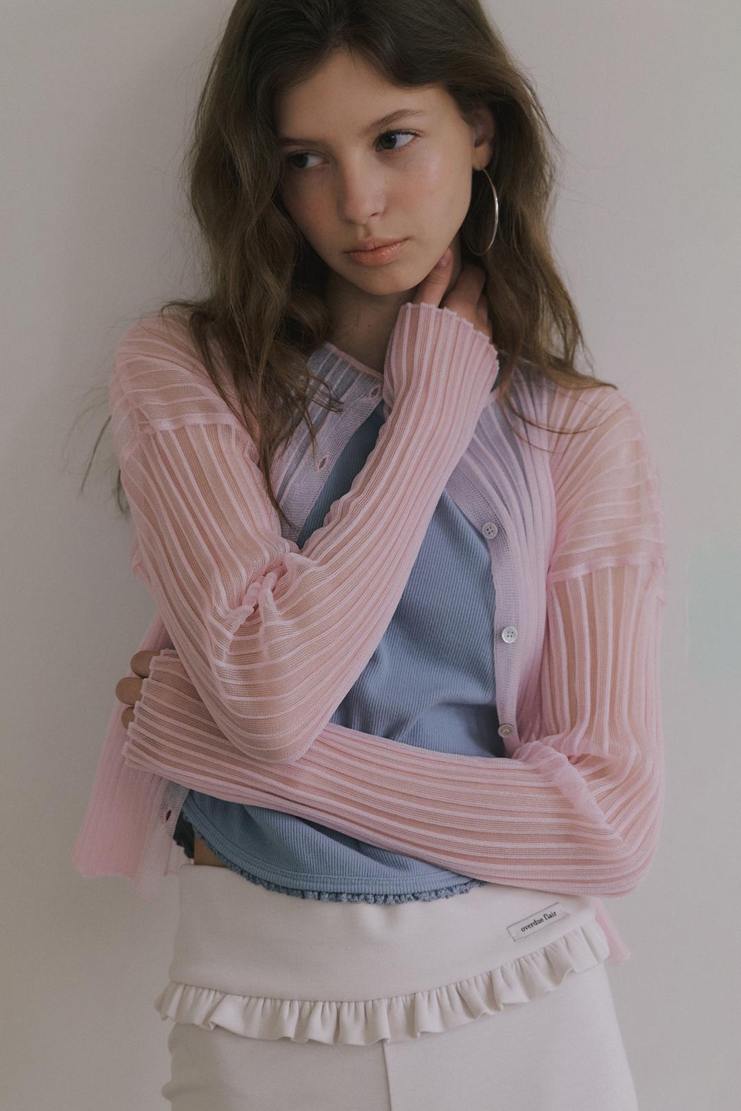 SHEER GLOSSY RIBBED CARDIGAN_PINK