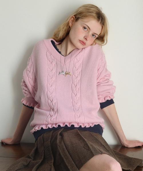 SN Cable V-neck Pullover (Pink)