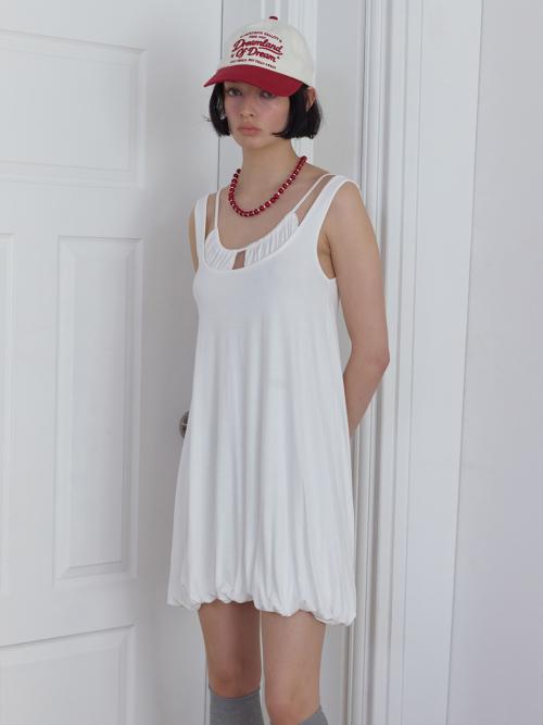 SHIRRING LAYERED BALLOON DRESS - WHITE