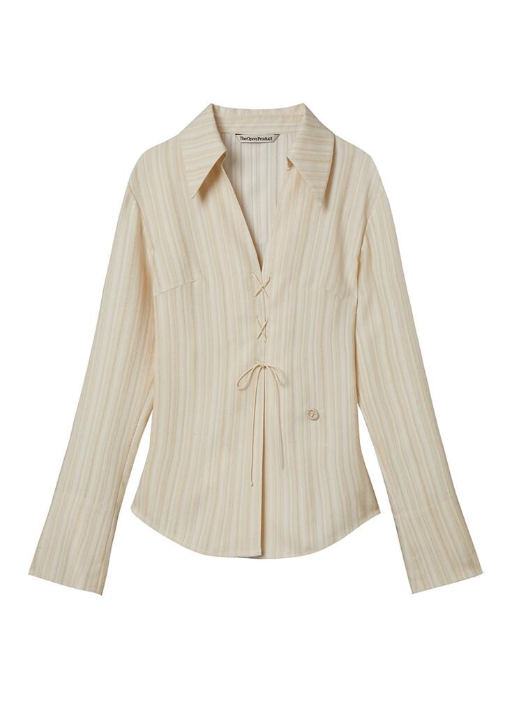 LACE-UP STRIPE SHIRT, CREAM