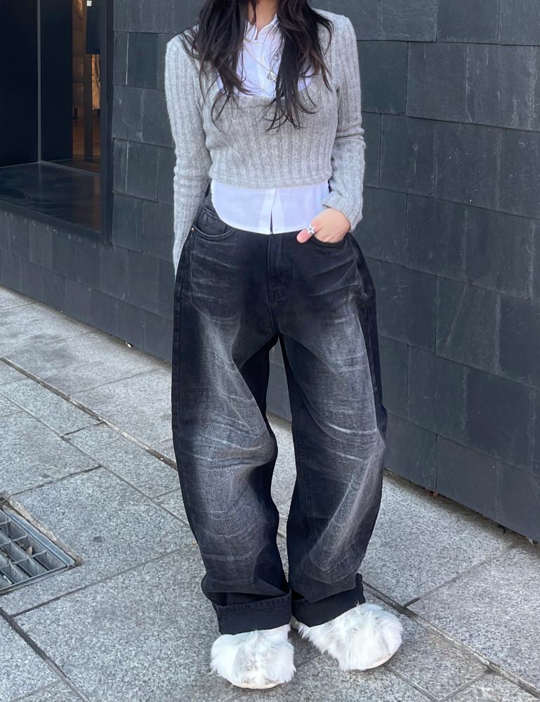 [히니츠키] 유니크 흑청 워싱 와이드 데님 팬츠