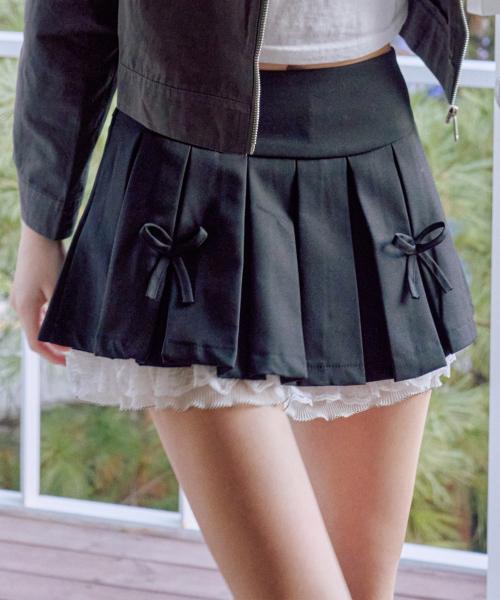 루리카 리본 플리츠 스커트 [BLACK]