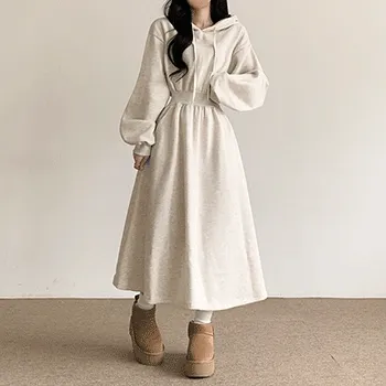 [도톰기모] 허리잘록 후드 롱원피스