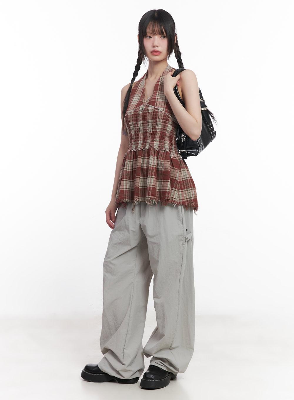 Halter-Neck Plaid Mini Dress CU505 - Red / S/M