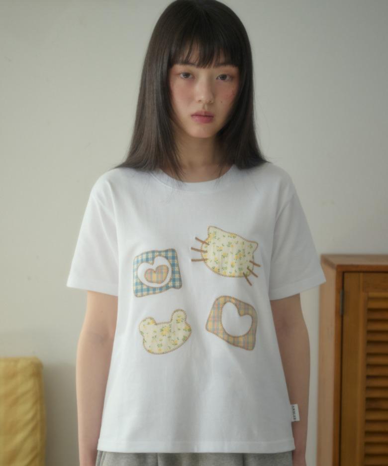 엠블러 엠블러 남여공용 Meow Bear 아플리케 자수 반팔 티셔츠 AS1309 (화이트)