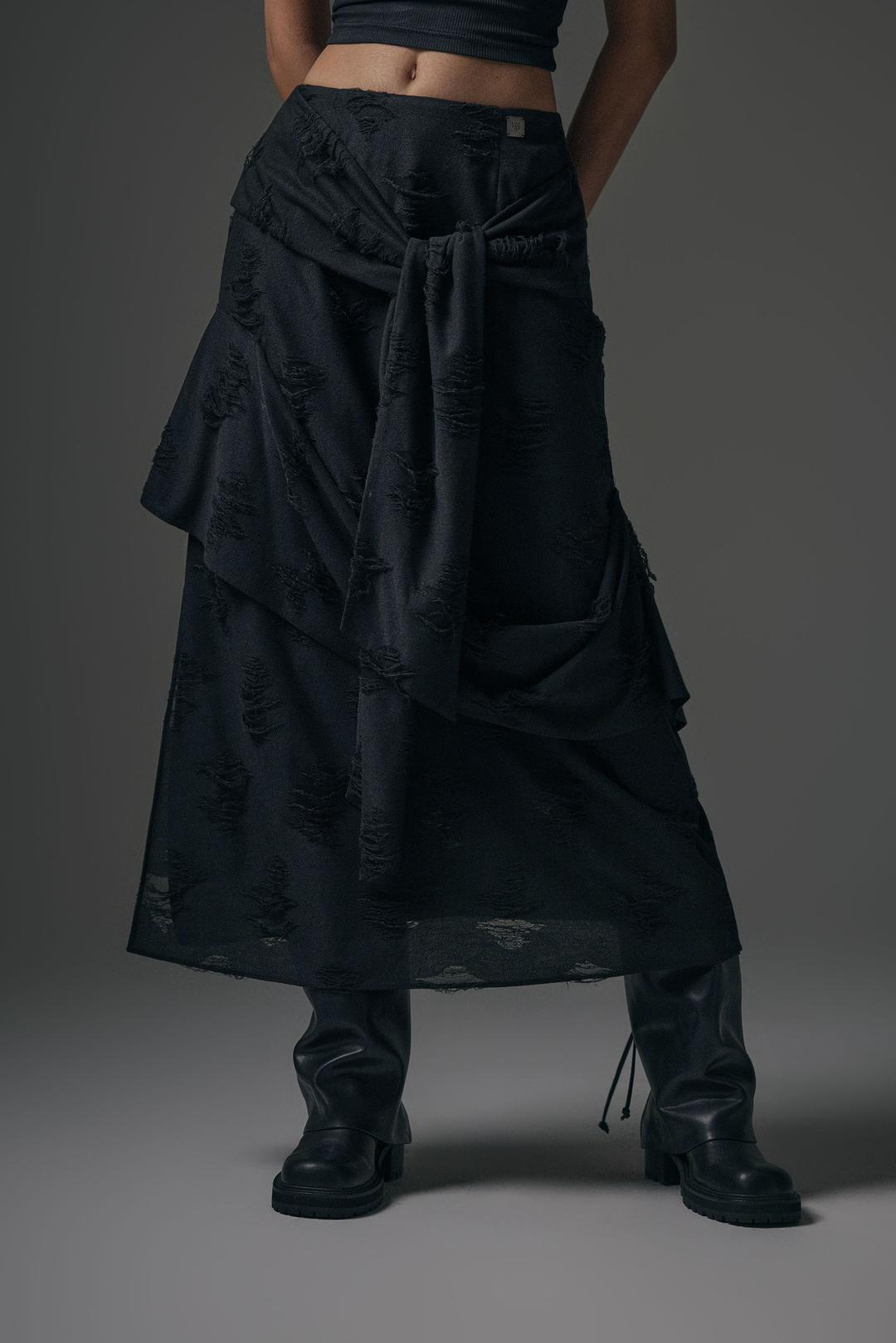 Strap Drape Damage Skirt [ Black ]