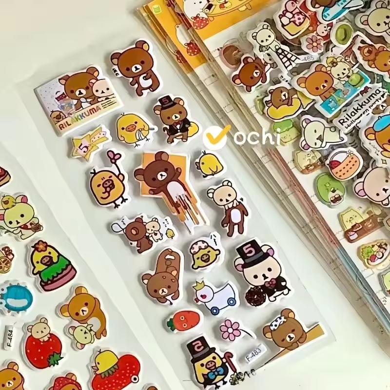 12 시트 만화 리락쿠마 버블 스티커 카와이 애니메이션 3 차원 3D 푹신한 대량 스티커 어린이 소녀 DIY 장난감 스티커 선물