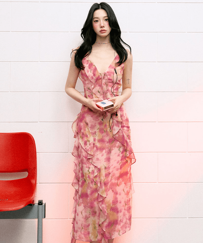 핑크 러플 언발슬리브 롱원피스