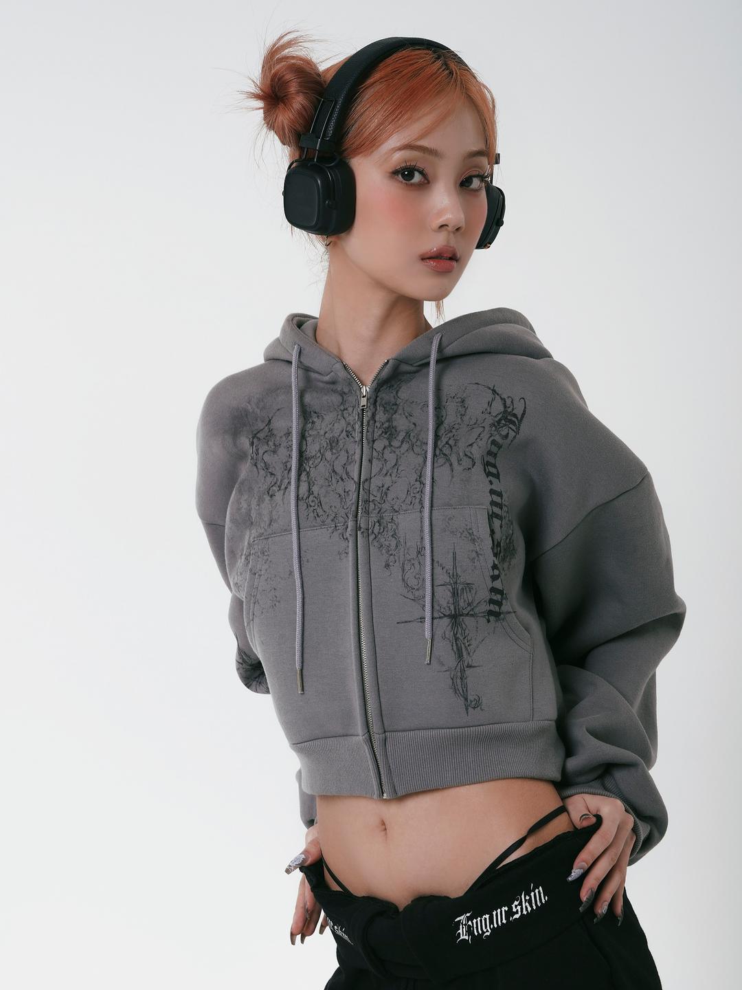 2차) Fluffy oversized hoodie zip-up in dark gray