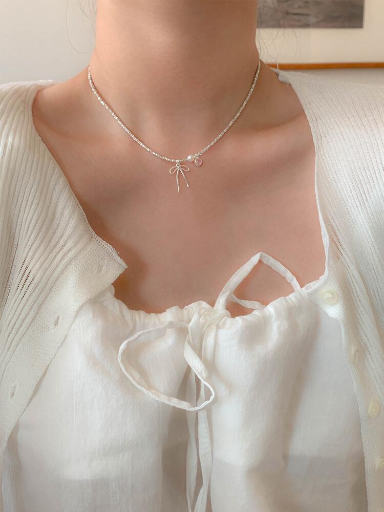 (실버925) 레이어드 드롭 컷팅 체인 리본 진주 핑크 하트 목걸이