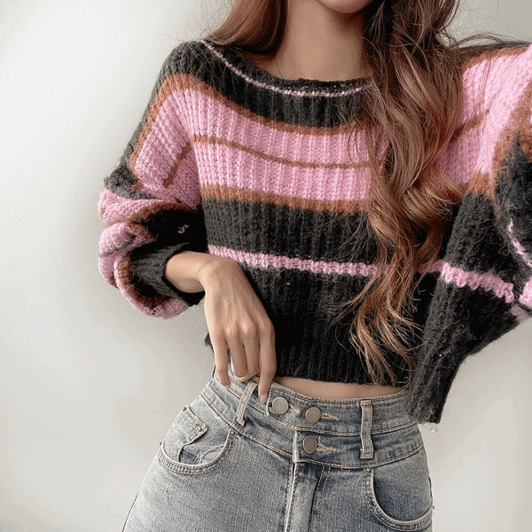 하이틴 단가라 핑크배색 크롭 니트 메종스튜디오