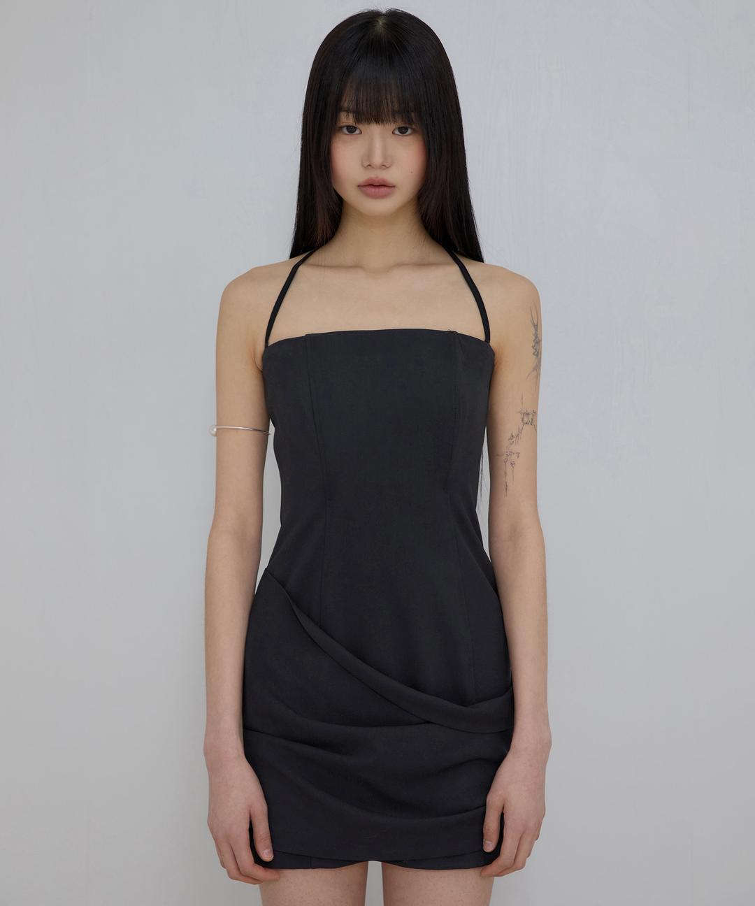 Asymmetrical Draped Dress (FL-166_Black)