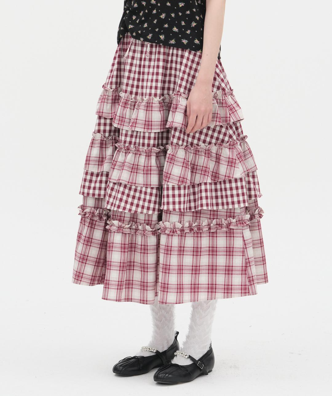 Voluminous Check Tier Skirt [Red]