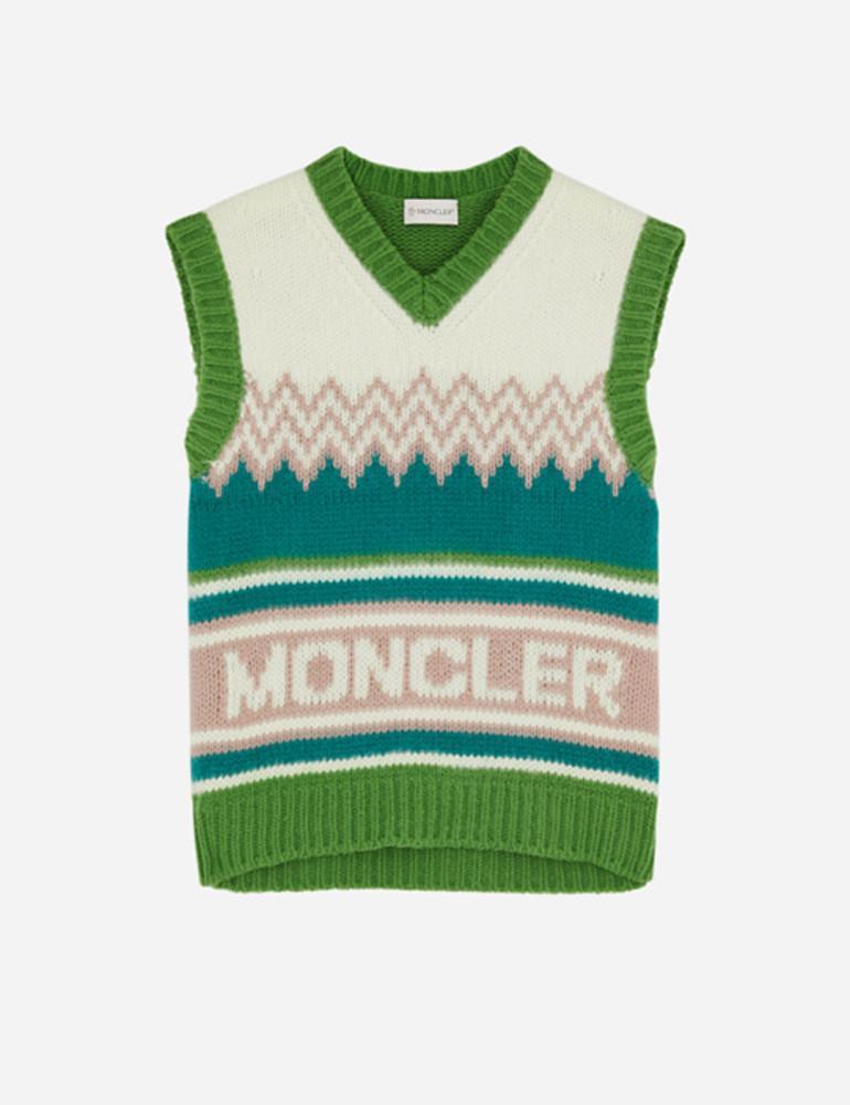 몽클레어 로고 인타르시아 브이넥 울 베스트 멀티