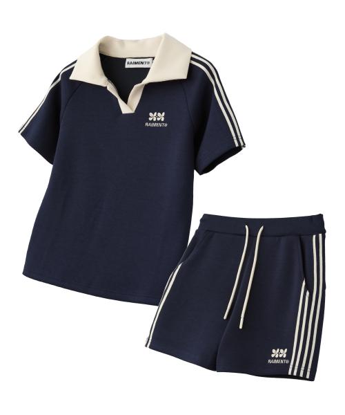 [SET] (W) 우먼즈 트랙 라인 카라 크롭 티셔츠 셋업_네이비