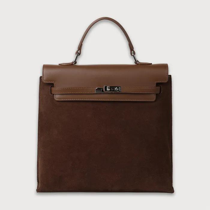 [2th] [ESSENTIEL] ARETE Structured Cow Leather Double-Strap Shoulder Bag_Suede Brown