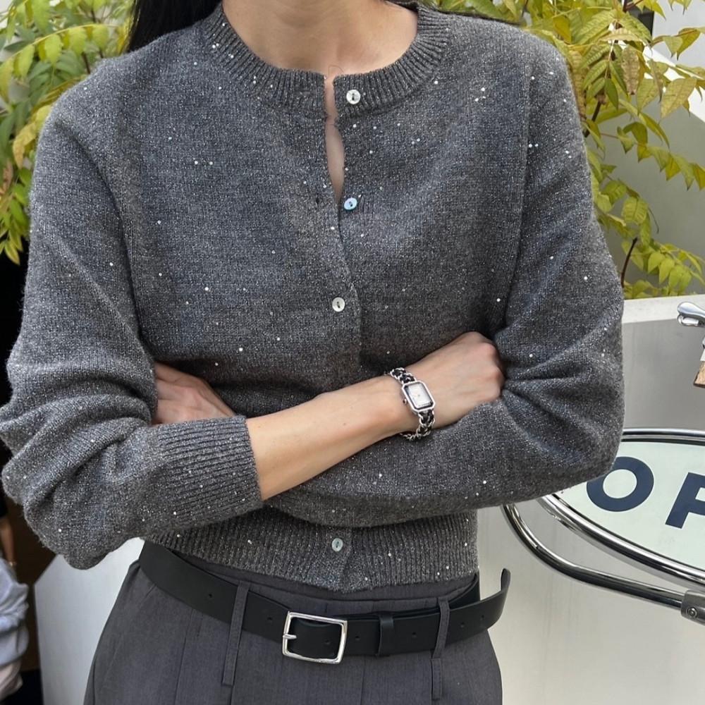 스팽글 라운드넥 가디건