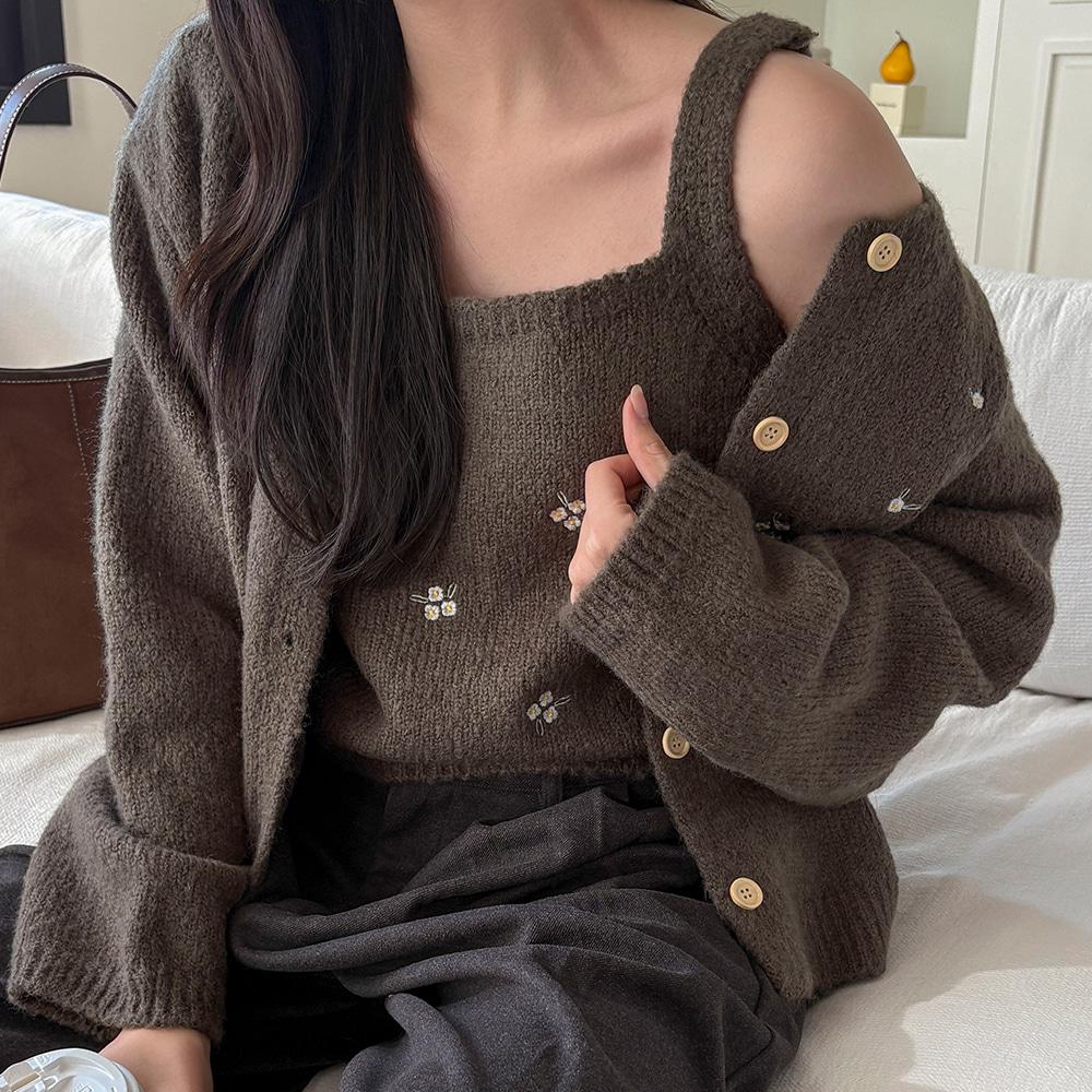 [55-88][러블리🌸] 데이지 자수 울 나시 가디건 세트