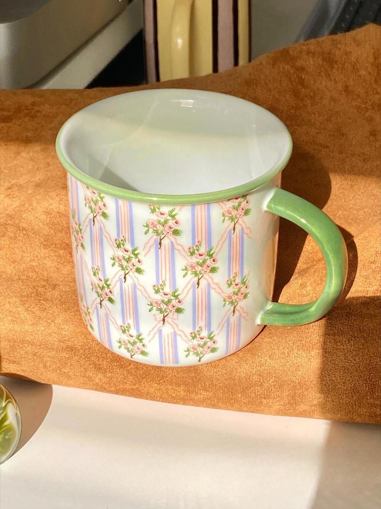 수심 Vintage Flower Cup 빈티지 플라워 머그 컵 홈카페 물컵 그리너리 그린