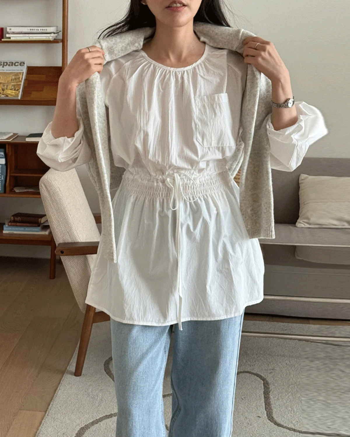 [봄신상] 스모크밴딩 블라우스 원피스 [ 레이어드 블라우스 롱블라우스 밴딩블라우 데이트룩 포켓블라우스 스트링 데일리룩 간절기패션 레이어드룩  ]