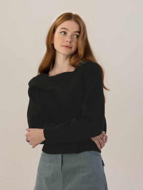 크로스넥 램스울 브이넥 니트 - 블랙